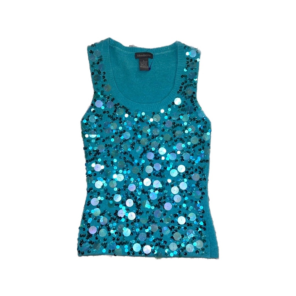 Mendocino Vintage Y2K Sleeveless Lambswool Angora Blend Blue Sequin Sweater Top
